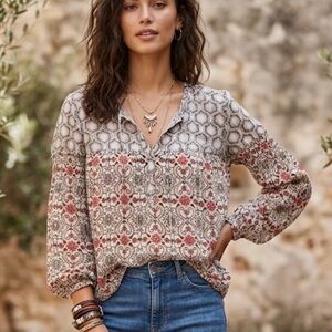 Odd Molly Unincorporated 100% Silk Boho Geometric Floral Tunic Top Size 3 L